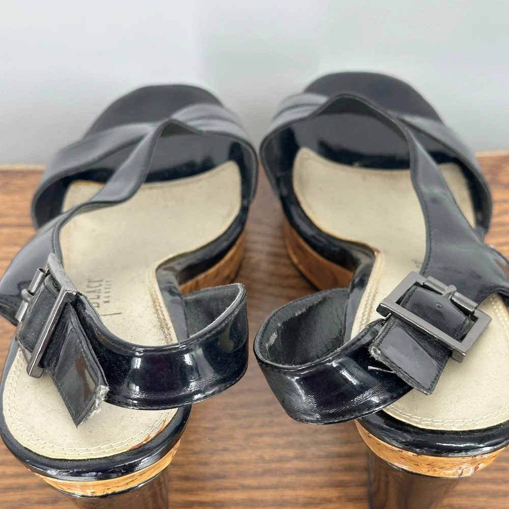 White House Black‎ Market Womens Black Patent Cork Platform Wedge Sandals 8.5M